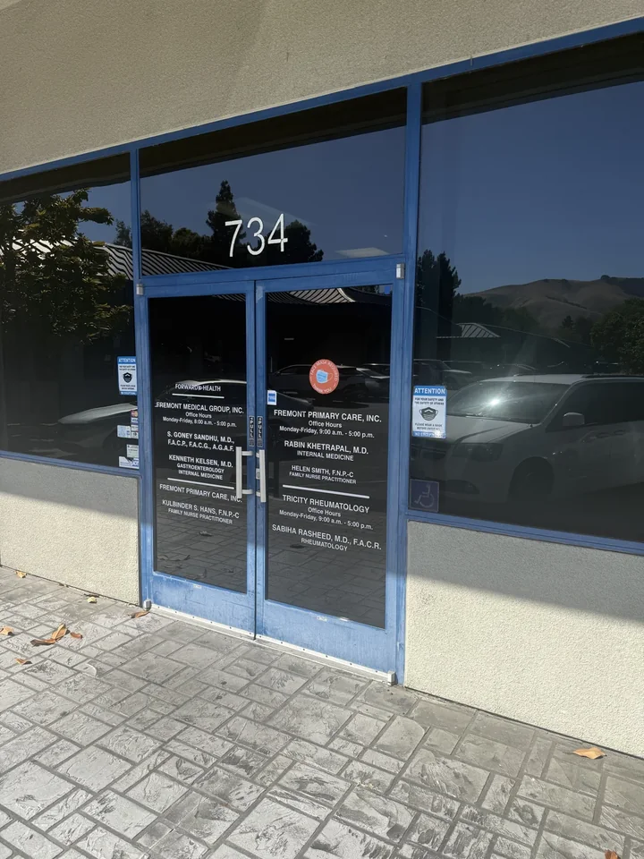 The blue entrance doors marked 734 at Fremont Primary Care